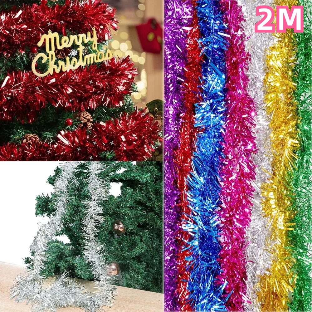 2m คริสต์มาสที่มีสีสันแถบตกแต่ง Tinsel Strip Garland ผนังประตู Topper ริบบิ้นเครื่องประดับสวนปีใหม่งานแต่งงานวันเกิดตกแต่ง Party Decor