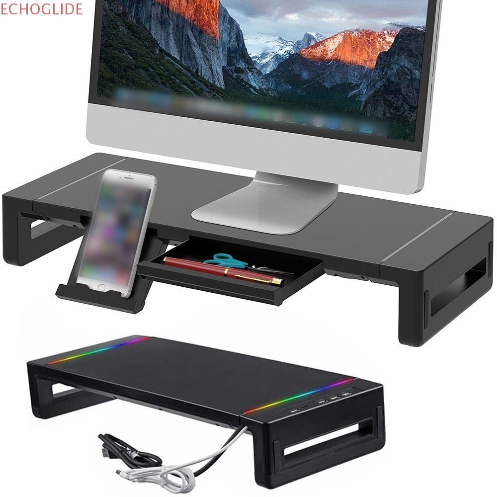 Echoglide Monitor Stand Riser พร้อม USB, พร้อมลิ้นชักเก็บขาตั้งคอมพิวเตอร์พับได้, ไฟ RGB ที่วางโทรศัพท์ USB 3.0 & 2.0 Hub คีย์บอร์ดเมาส์ชั้นเก็บสํานักงาน