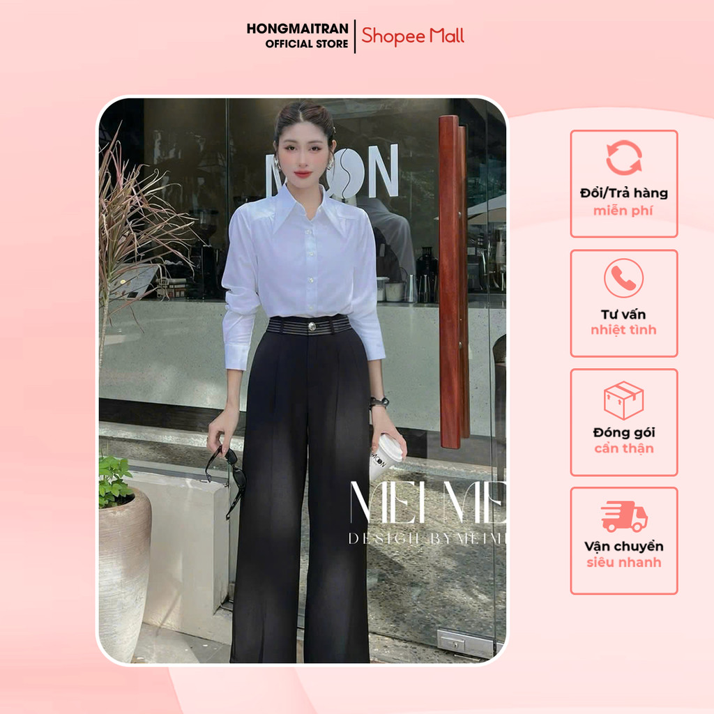 กางเกงขากว้างเอวสูง ปลายขาพับ 2 สี ดําเทา กวนสุดๆ Hong Mai Tran Store Q15168