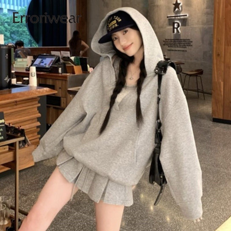 Errokiwear ผู้หญิง Hoodies 2024 สีทึบ Hooded แขนยาว Pocketed หลวม Fit Casual Tops