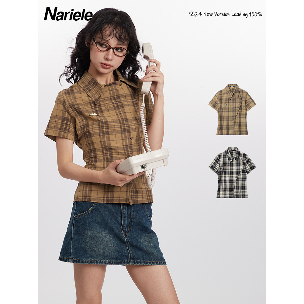 Nariele เสื้อเชิ้ตแขนสั้นลายสก๊อตสไตล์วิทยาลัยกระดุมฤดูร้อนสำหรับผู้หญิงเสื้อเชิ้ตสาวฮอตทรงเข้ารูปแบ