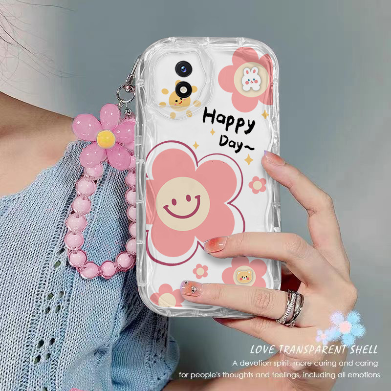 เคส Vivo Y02 Y02A Y02T เคสโทรศัพท์ใส ดอกไม้ เชือกแขวนลูกปัด เคสโทรศัพท์กันกระแทกแบบใส