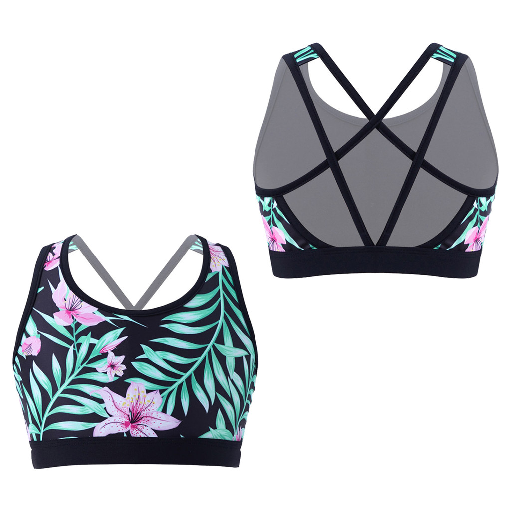 Zz - 4-16 เด็กสาวพิมพ์ชุดว่ายน้ํา U คอ Strappy กลับ Crop Top สําหรับชายหาดสระว่ายน้ําอาบน้ําว่ายน้ํา