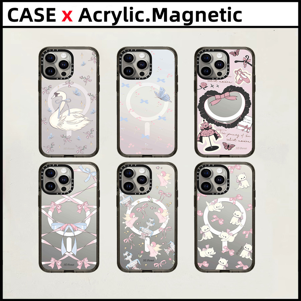 Casetifyhi Forest Morning Postอะคริลิคปลอกแม่เหล็กสําหรับiPhone 11 12 13 14 15 16 Pro Max 14 15 16 PlusกรณีShaw Dance bow Angelผีเสื้อแกะสลักด้านข้างตัวอักษรฝาครอบป้องกัน