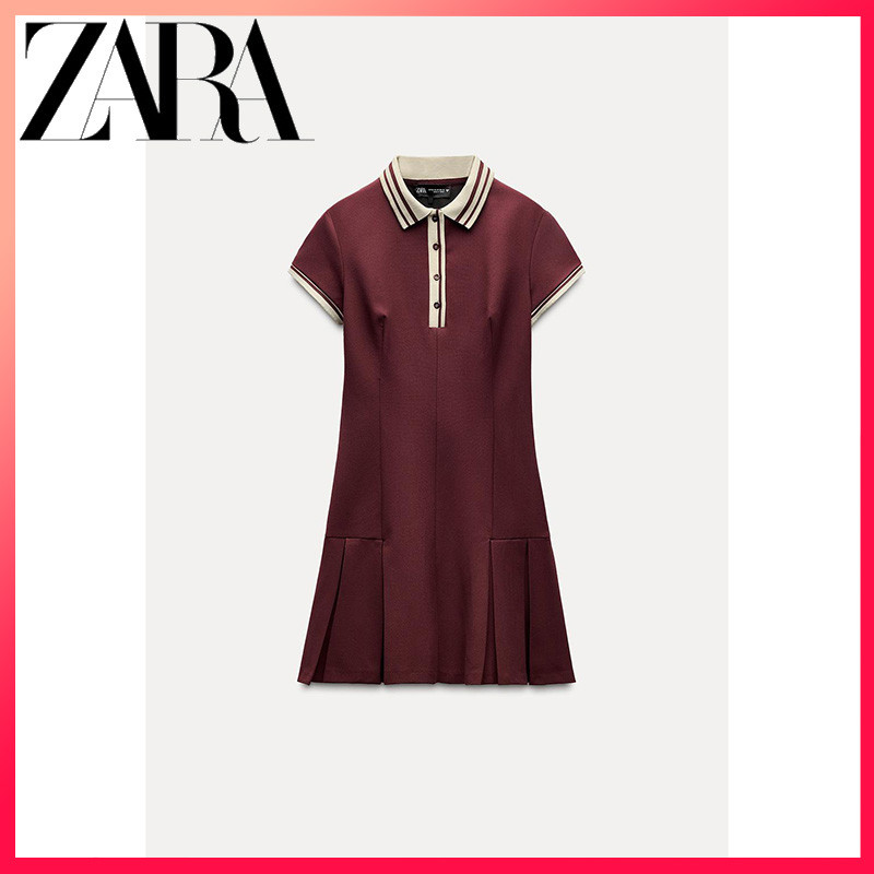 Zara สินค้าใหม่ เสื้อผ้าผู้หญิง Contrast Color Ribbed Wide Pleated Slim เดรสสั้น