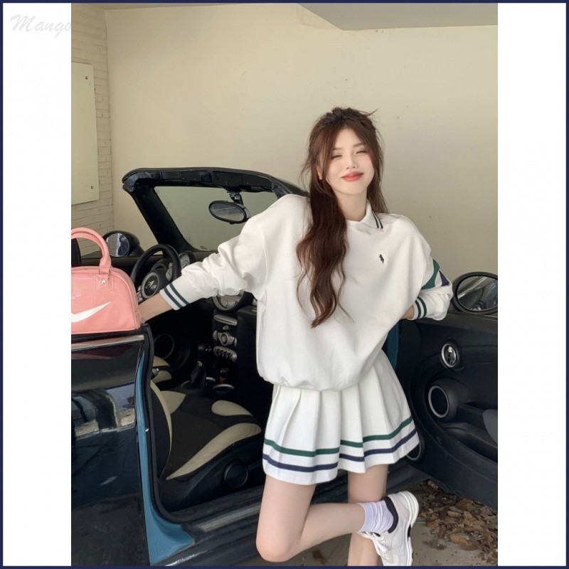 ลายกีฬาโปโลคอปกเสื้อกันหนาวผู้หญิงย้อนยุคแขนยาวแจ็คเก็ตสั้นด้านบน
