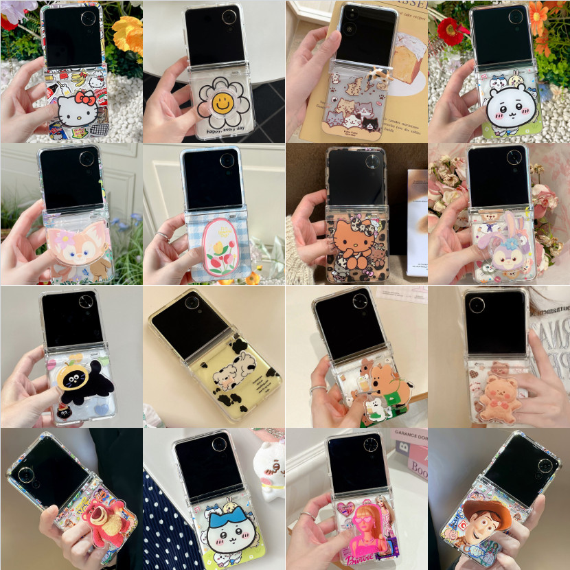 สําหรับ Xiaomi MIX Flip HONOR Magic V Flip เคสโทรศัพท์มือถือหน้าจอพับ ภาพวาดสีการ์ตูนน่ารักแมวลูกสุนัขชุดสามชิ้น PC เคสแข็งพร้อมบานพับพร้อมฟังก์ชั่นขาตั้ง