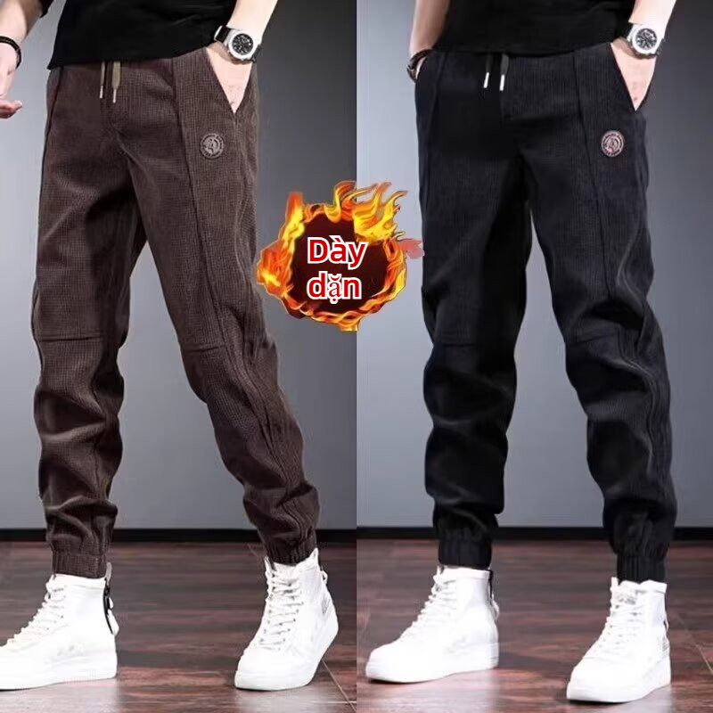 M-5XL ฤดูใบไม้ร่วง/ฤดูหนาวผ้าลูกฟูกกลางแจ้ง ข้นขนแกะเรียงรายกางเกงอบอุ่นขนาดบวกยาวหลวมสบายๆจ๊อกกิ้งความร้อนกางเกงสีดำ/กาแฟ