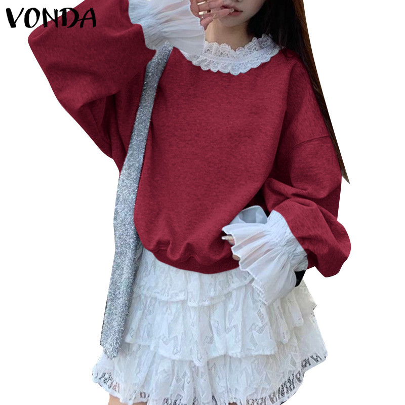Vonda ผู้หญิงเกาหลี Casual Lace Patchwork รอบคอเสื้อแขนยาว Presale