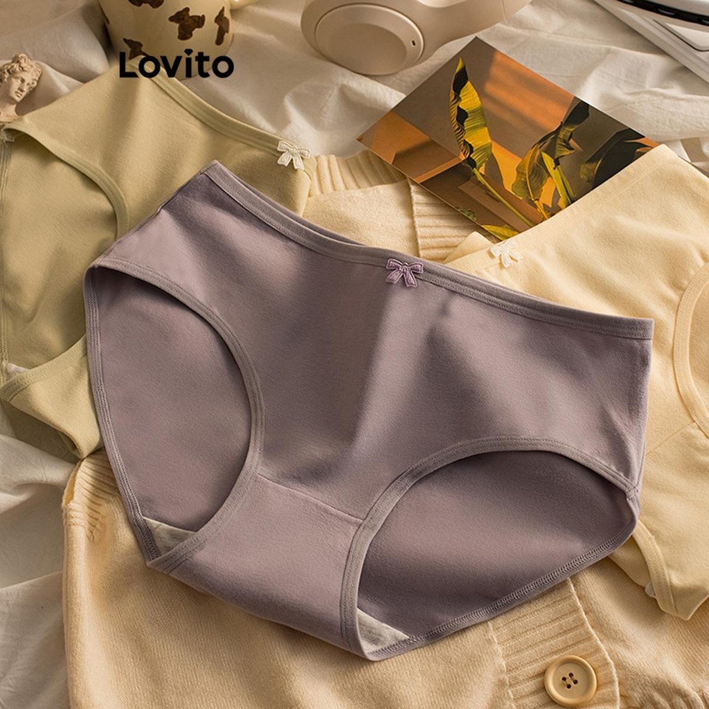 Lovito กางเกงชั้นในผู้หญิง แต่งโบว์ สีพื้น สไตล์ลำลอง LNA48261