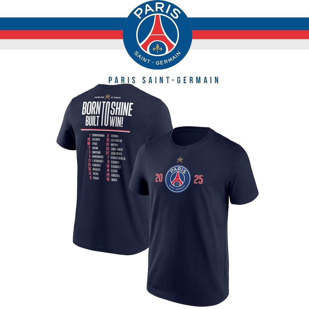 PSG Champions League 2025 Victory Football Fan Uniform เสื้อยืดแขนสั้นผู้ชายผ้าฝ้าย 100% ที่ระลึกด้า