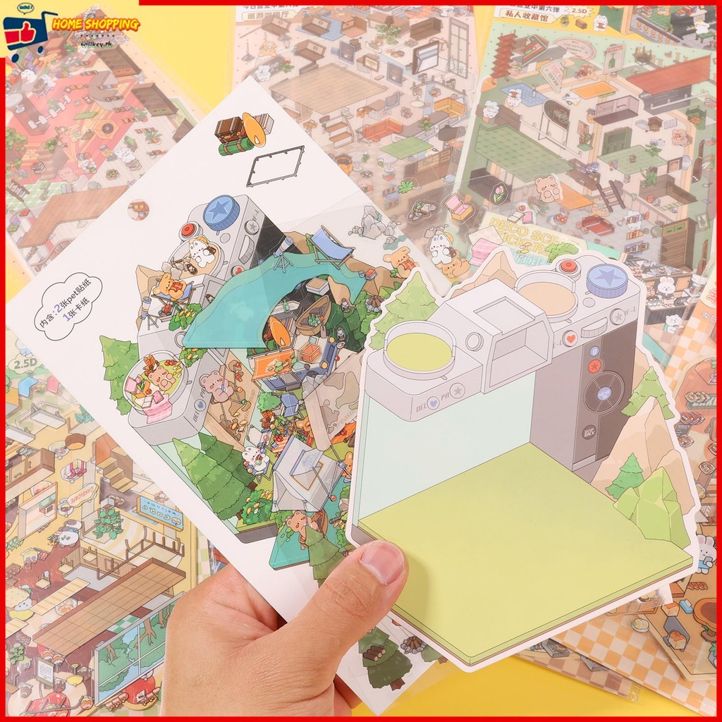 8 ชุดน่ารัก DIY 3D House สติกเกอร์ PET 3D Miniature ฉากสติกเกอร์สําหรับตกแต่งบ้าน SHOPTKC4474