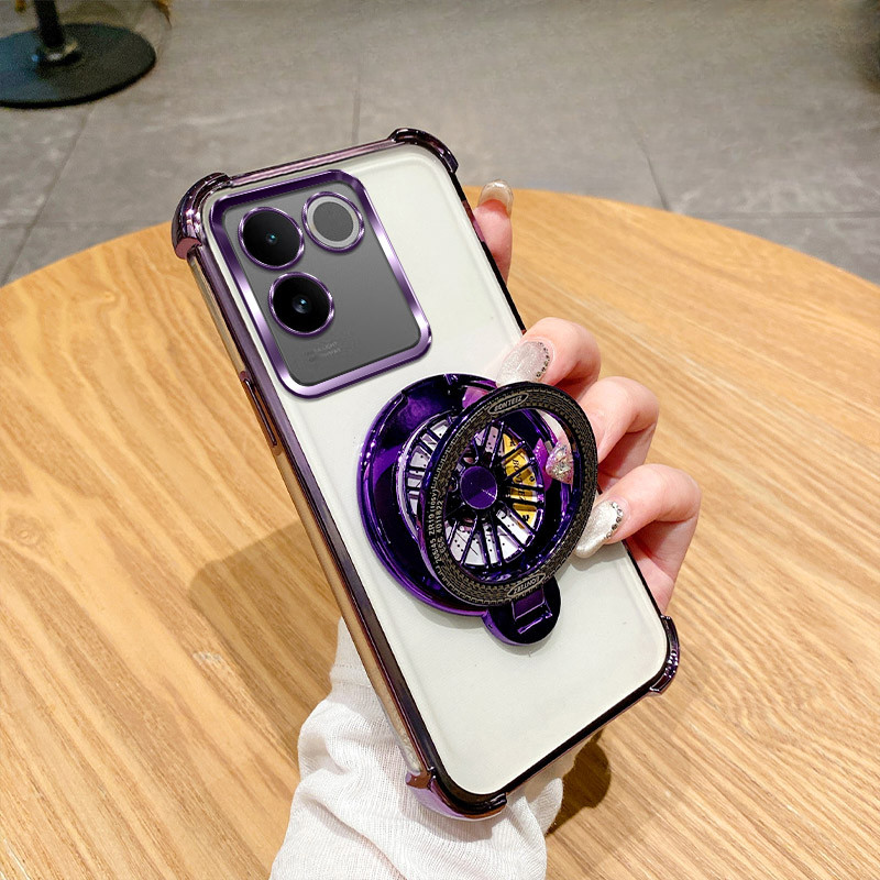 Soft Anti Drop ชุบโปร่งใสเคสโทรศัพท์สําหรับ Vivo S17E V2285A T2 Pro 5G IQOO Z7 หมุน Gyroscope ขาตั้ง