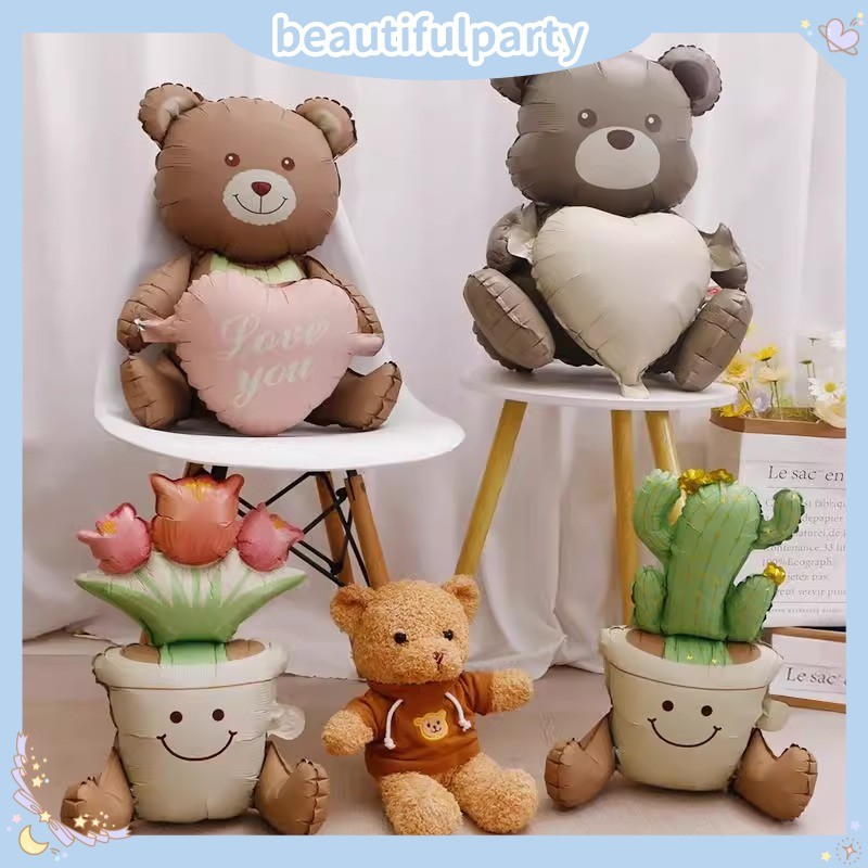 ร้อนขายฝ้าเคลือบย้อนยุคตุ๊กตาหมีกระถางกระบองเพชรบอลลูนสําหรับเด็กงานเลี้ยงวันเกิดการถ่ายภาพตกแต่งบอลลูน