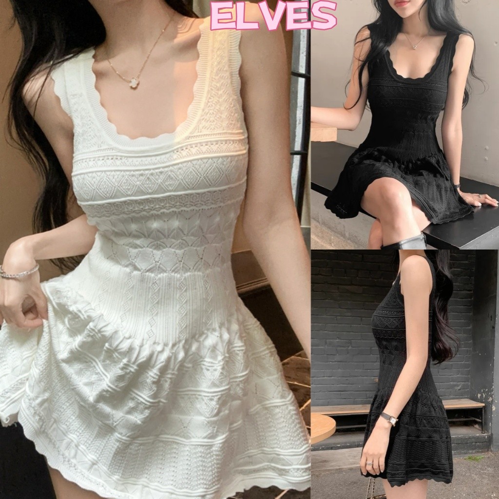 Elves พร้อมส่ง💟มินิเดรสไหมพรม แขนกุด ผ้านุ่มนิ่มใส่สบาย สีพื้นสไตล์มินิมอล"W-N096"