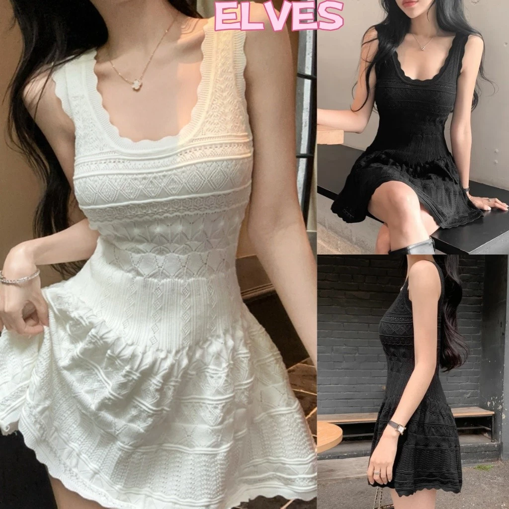 Elves พร้อมส่ง💟มินิเดรสไหมพรม แขนกุด ผ้านุ่มนิ่มใส่สบาย สีพื้นสไตล์มินิมอล"W-N096"