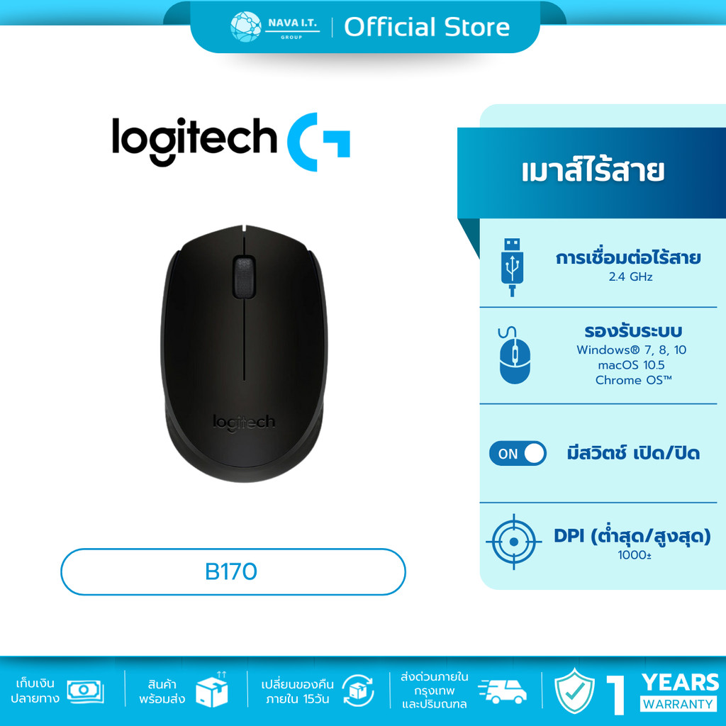 🛵มีส่งด่วน💨 LOGITECH B170 WIRELESS MOUSE, 2.4 GHZ WITH USB NANO RECEIVER - BLACK (เมาส์ไร้สาย)