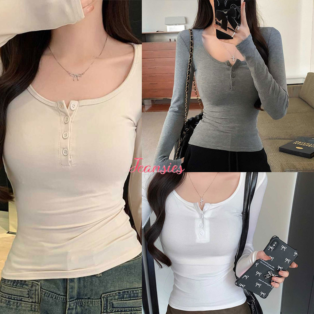 เสื้อยืดแขนยาวแฟชั่นหญิง คอปกครึ่งเปิด เสริมลุคเพรียว