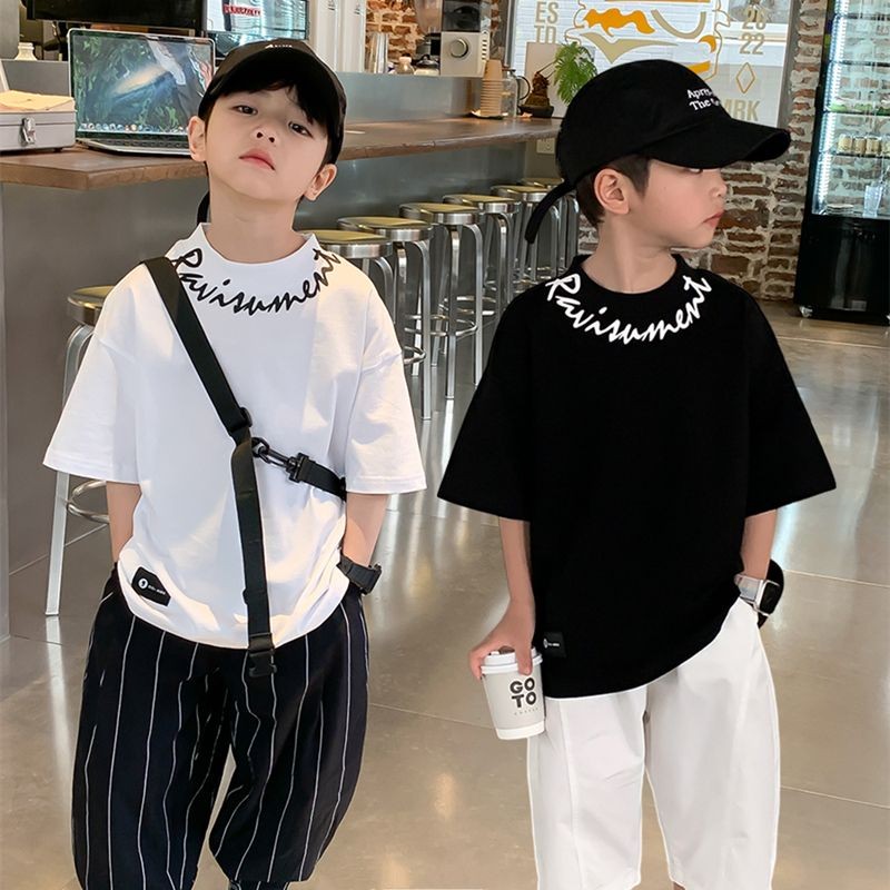 เสื้อยืดแขนสั้นสำหรับเด็กผู้ชาย สไตล์เกาหลี พิมพ์ลายสวยงาม ทำจากผ้าฝ้ายแท้ ใส่สบายและระบายอากาศได้ดี