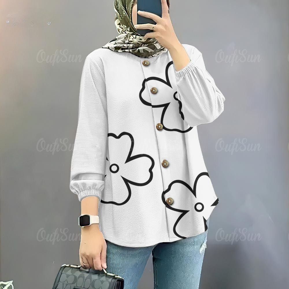 เสื้อมุสลิมอีดดอกไม้ย์แขนยาวหลวมด้านบนมุสลิมขนาดใหญ่แฟชั่นกีฬาขนาดใหญ่เสื้อที่เรียบง่ายปีใหม่ธรรมดาสบายๆด้านบน - ภาพย่อย 3