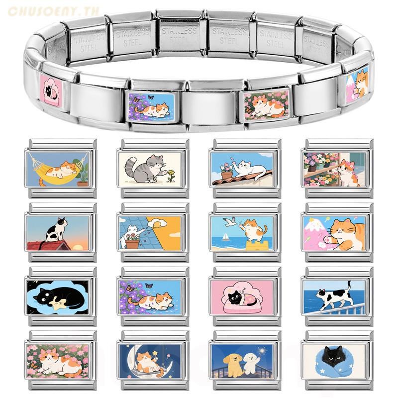 สร้อยข้อมือ charm fit 9 มม. ออกแบบการ์ตูนแมวอิตาเลียน สแตนเลส สำหรับเครื่องประดับตกแต่งบุคลิกภาพ