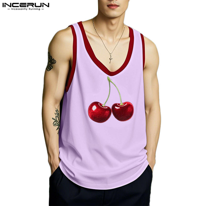 เสื้อยืดแขนกุดผู้ชาย สไตล์เกาหลี พิมพ์ลายผลไม้ ไซส์ใหญ่พอดีตัว