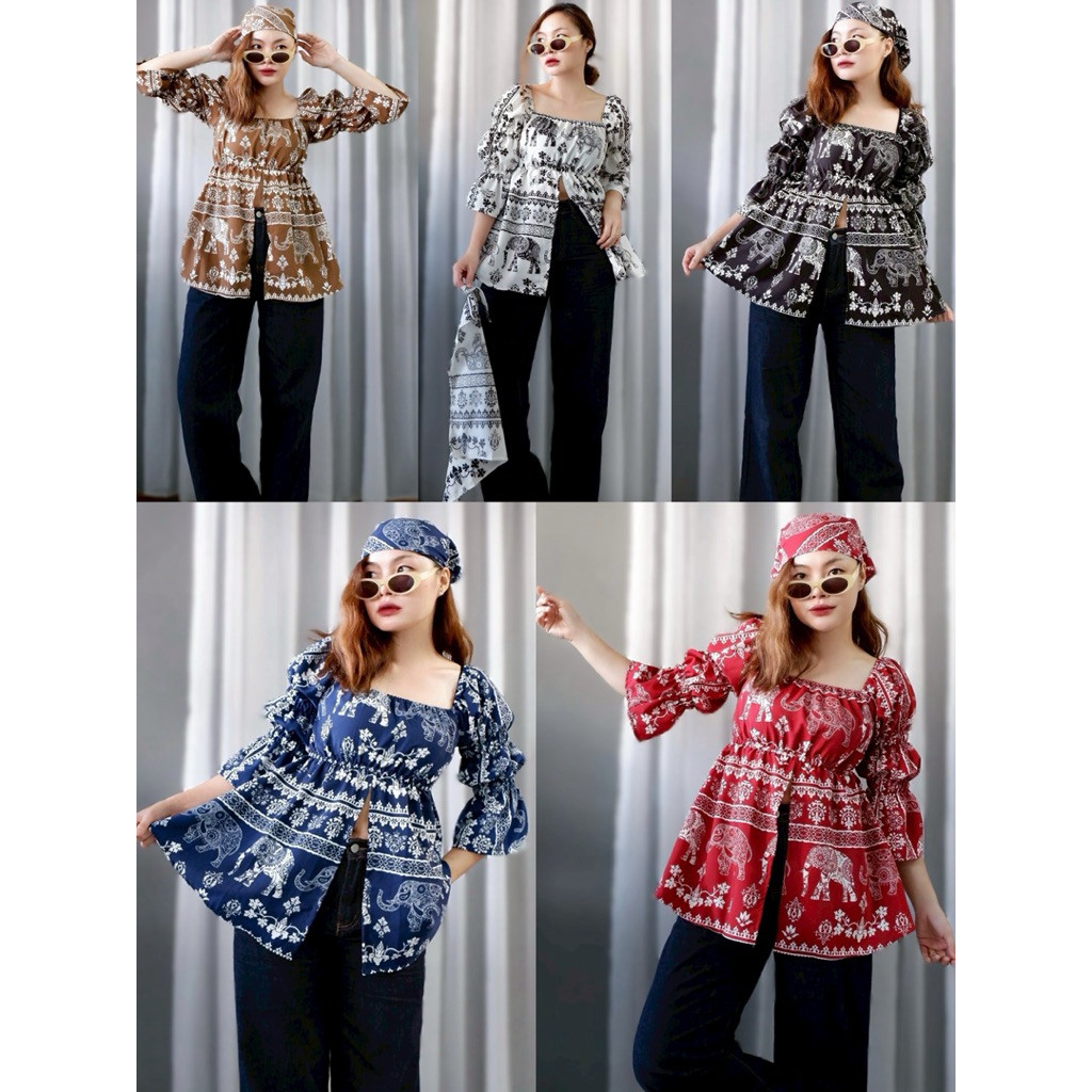 เสื้อแขนตุ๊กตาทรงญาญ่าลายช้างแถมผ้สโพกผมฟรี ผ้าไม่ต้องรีด