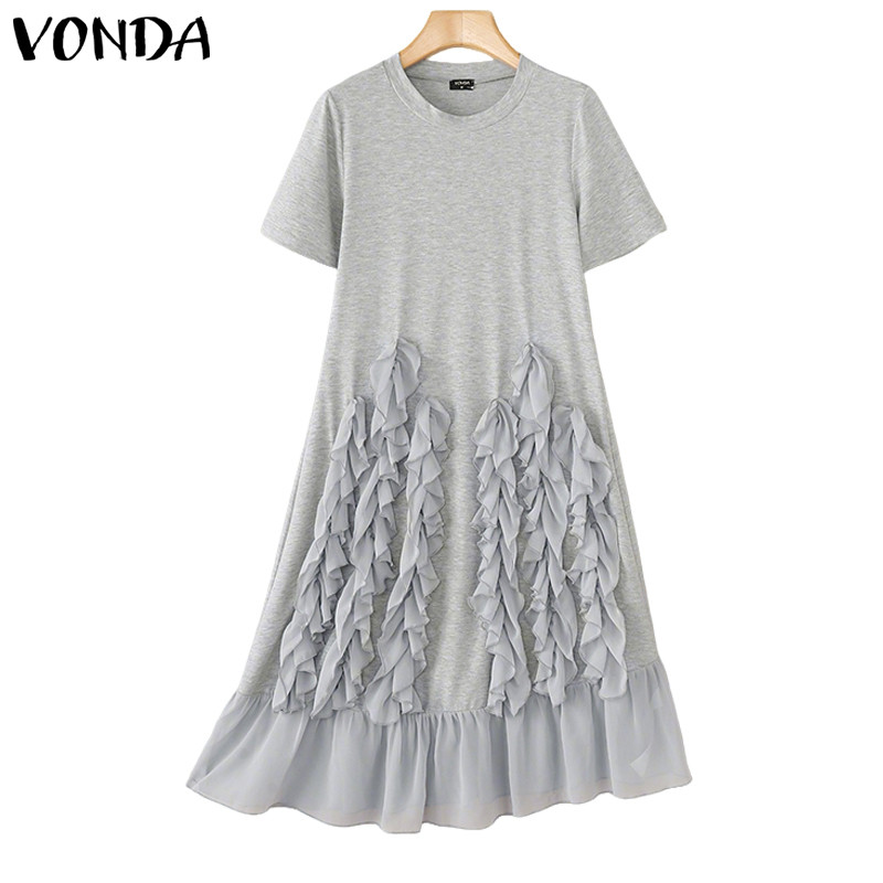 VONDA ชุดเสื้อผ้าสำหรับผู้หญิง สไตล์เกาหลี chic ดีไซน์พิเศษรอบคอ แขนสั้น มีลายระบาย