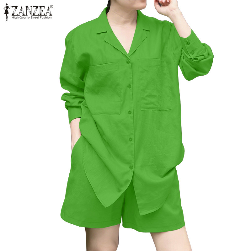 ZANZEA ผู้หญิงเกาหลี Commute Casual Turn-Down-Collar แขนยาวปุ่มขึ้นชุดขากว้าง