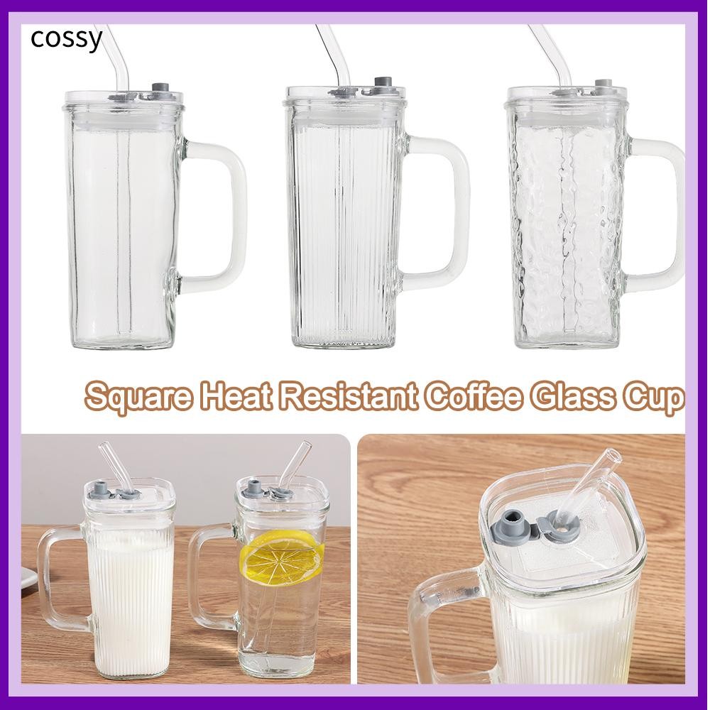 Cossy ถ้วยแก้วโปร่งใสพร้อมฝาปิดและฟางถ้วยกาแฟทนความร้อน,Ins Square Mugs Home Bar