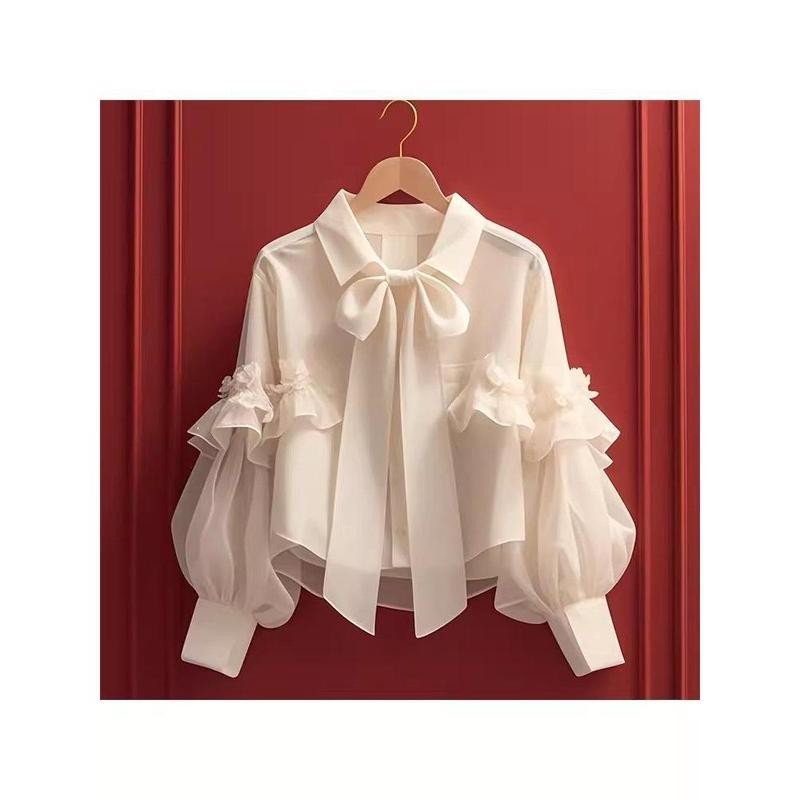 เสื้อแขนยาวผู้หญิงสไตล์วินเทจฝรั่งเศสพร้อมโบว์สีเขียว - รูปที่ 4