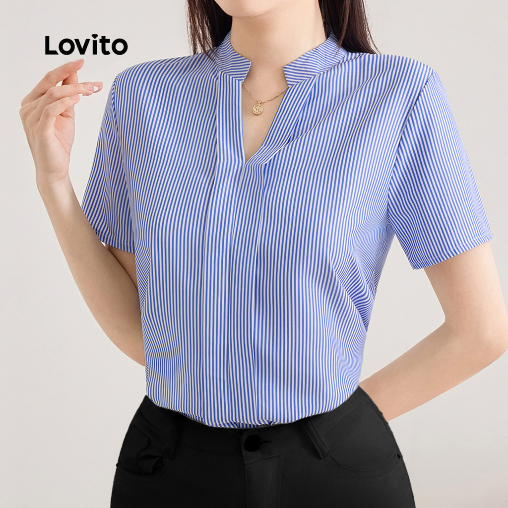 Lovito เสื้อเชิ้ตลำลองช่วงฤดูใบไม้ผลิ/ฤดูร้อน สีน้ำเงิน สำหรับผู้หญิง L243AD605
