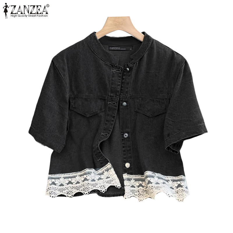 ZANZEA สเวตเตอร์แขนสั้นสไตล์เกาหลี วูลผสมดีเนมเทียม รอบคอดีไซน์ทันสมัย