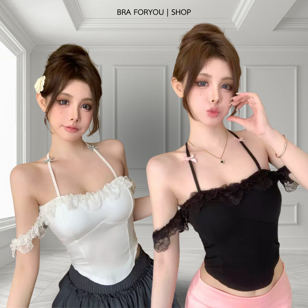 Bra Foryou เสื้อสายลูกไม้ คล้องคอ เปิดไหล่ติดโบว์ปรับใส่ได้หลายแบบ สาวหวาน สายเกาหลี น่ารัก  L265