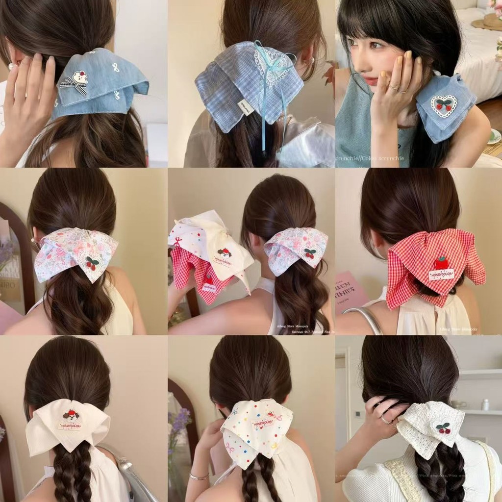 ผ้าพันคอสี่เหลี่ยมสไตล์เกาหลี ลายจุดและดอกไม้ อเนกประสงค์สำหรับผู้หญิง