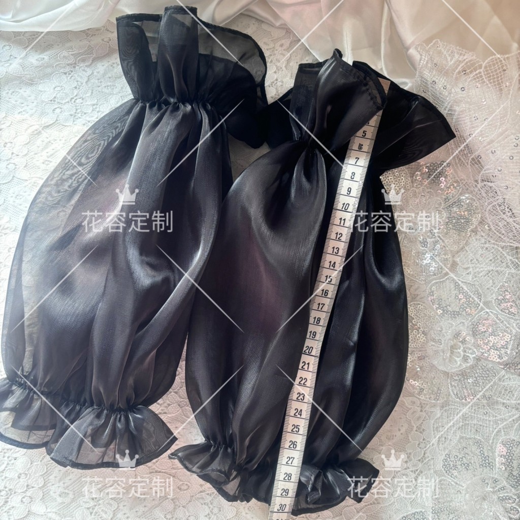 Black Glossy Sheer Bubble Sleeve Outfit with Lolita Hand Sleeves for Photography and Photo Shoots, S