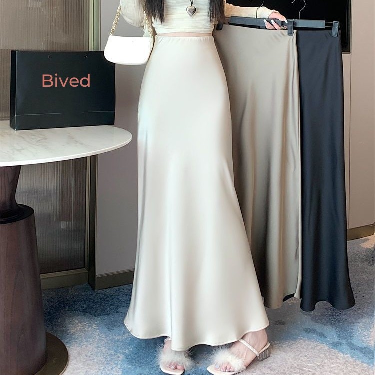 Bived S-6XL กระโปรงยาวผู้หญิง เอวสูง กระโปรงทรงหางปลา ผ้าบาง กระโปรงทรงเอ ขอบเอวซิป