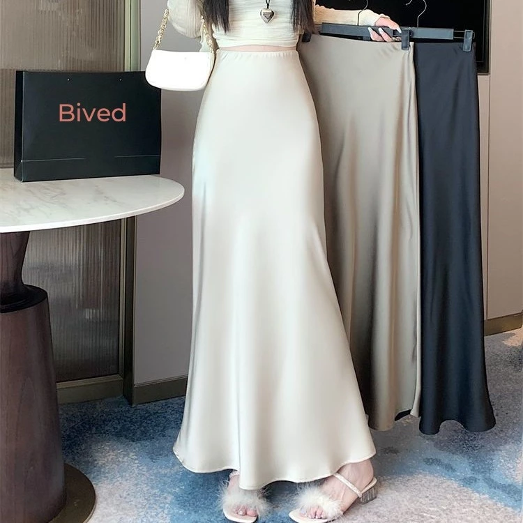 Bived S-6XL กระโปรงยาวผู้หญิง เอวสูง กระโปรงทรงหางปลา ผ้าบาง กระโปรงทรงเอ ขอบเอวซิป