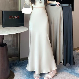 Bived S-6XL กระโปรงยาวผู้หญิง เอวสูง กระโปรงทรงหางปลา ผ้าบาง กระโปรงทรงเอ ขอบเอวซิป