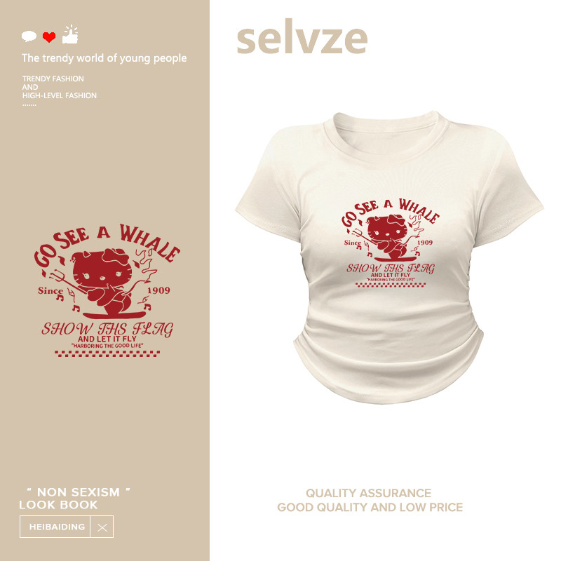 Selvze เสื้อครอปท็อป แขนสั้น แฟชั่นฤดูร้อน (แมวการ์ตูนสีแดง）เสื้อเอวลอย ชั่วโมง เสื้อยืดแขนสั้นสไตล์เกาหลี Y2K cotton100% จัดส่งตลอด 24 ชั่วโมง