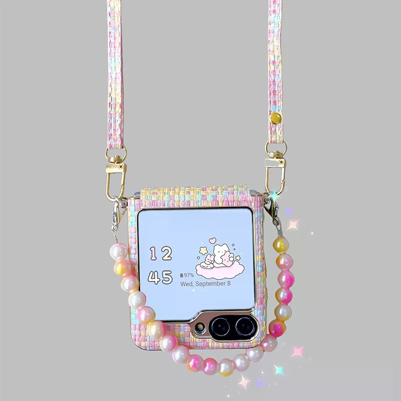 Crossbody สายยาวที่มีสีสันลูกปัดสร้อยข้อมือมือบานพับทอหนังสําหรับ Samsung Galaxy Z Flip 8 7 FE 6 5 4 3 5G