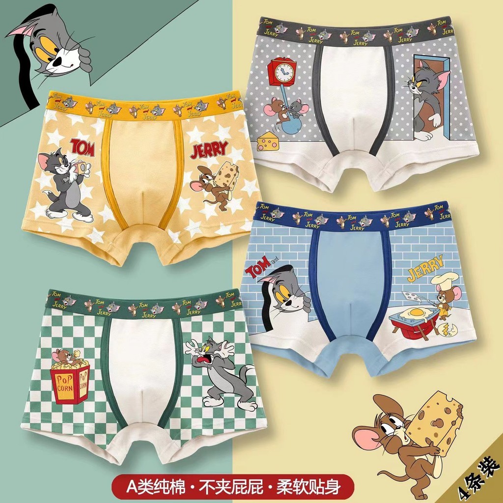 [4 ชิ้น] Tom and Jerry Pure Cotton Cartoon Tom Cat Jerry Boys Boxer Briefs