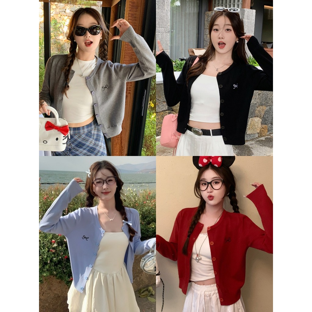 🍒Pixie🍒เสื้อคาดิแกรนไหมพรม แขนยาว ปักฌบว์ที่หน้าอก💮ผ้าใส่สบาย กระดุมหน้า สีพื้น  ผู้หญิงเสื้อ แฟชั่น ใส่สบาย ลําลอง