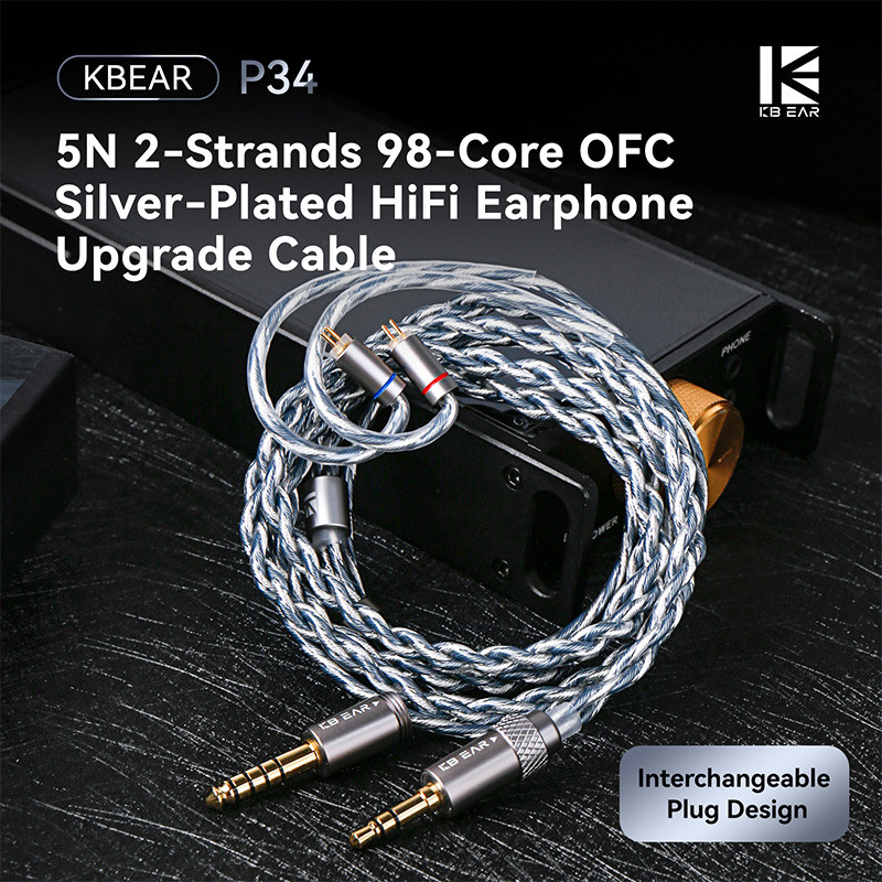 KBEAR P34 2-Core OFC Silver-Plated iem สายหูฟัง 0.78 มม.2-PIN เปลี่ยนปลั๊กออกแบบ HiFi ระดับการปรับแต่งชุดหูฟังสาย