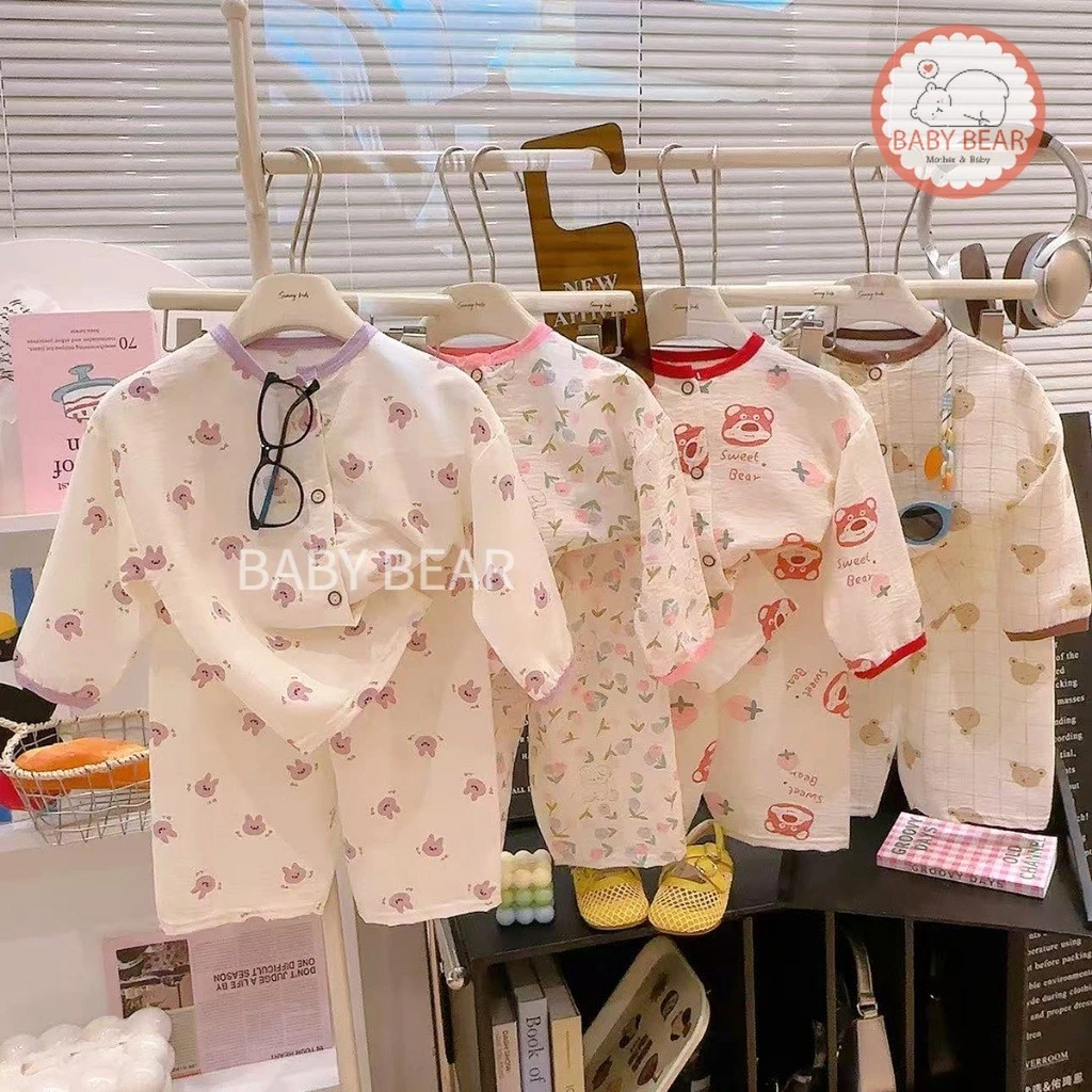 ชุดนอนเด็ก เสื้อแขนยาวกางเกงขายาว ชุดลำลองเด็ก กระดุมหน้า ผ้าบางเบา ใส่สบาย Size 80-120 cm