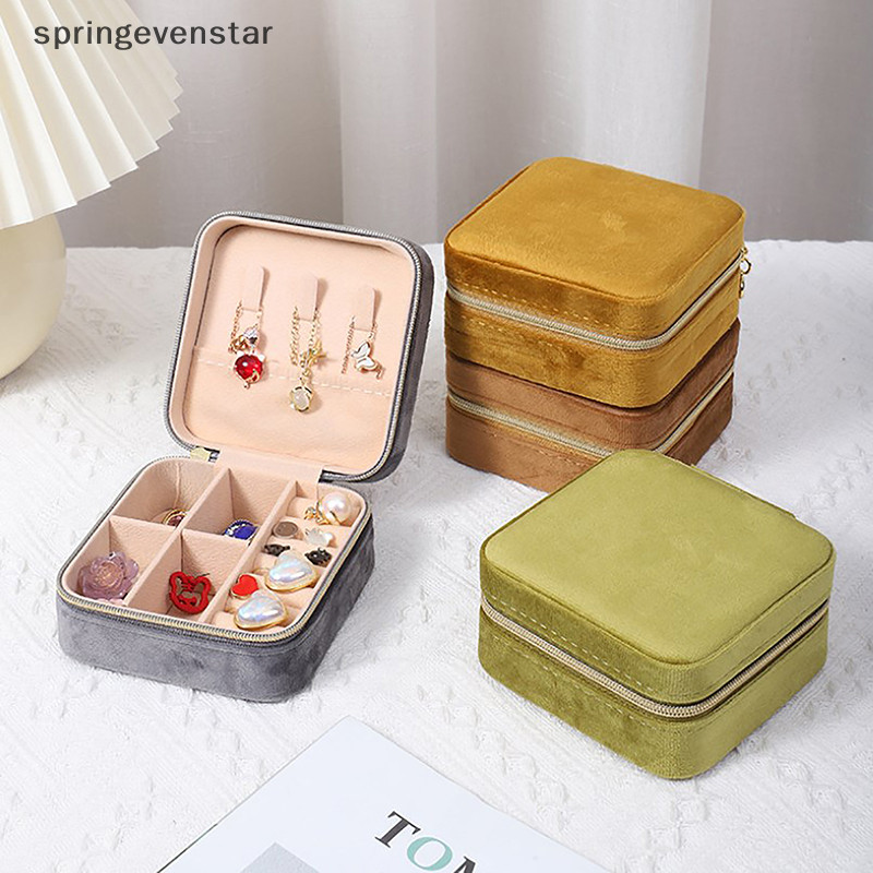 Springevenstar กล่องเครื่องประดับกํามะหยี่เดินทางแบบพกพา Flannel Square Zipper สไตล์ Jewellery Storage Case แฟชั่นผู้ถือของขวัญแหวนผู้ถือต่างหู Springevenstar