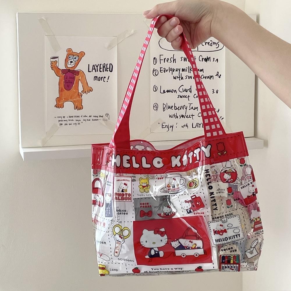 Uumir กระเป๋าถือ Hello Kitty กระเป๋าสะพายทรงสี่เหลี่ยมกันน้ํา กระเป๋าช้อปปิ้ง PVC ความจุขนาดใหญ่น่ารักผู้หญิง