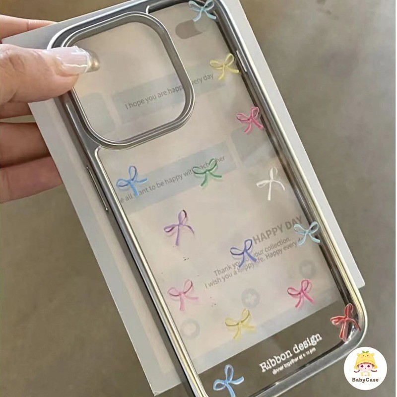 สีสวยกราฟฟิตี้ ประดับโบว์หรูหรากรอบไฟฟ้า เคส IPhone 16 15 13 14 11 12 Pro Max 7Plus XR 7 8 Plus X XS MAX 15 14 Plus SE