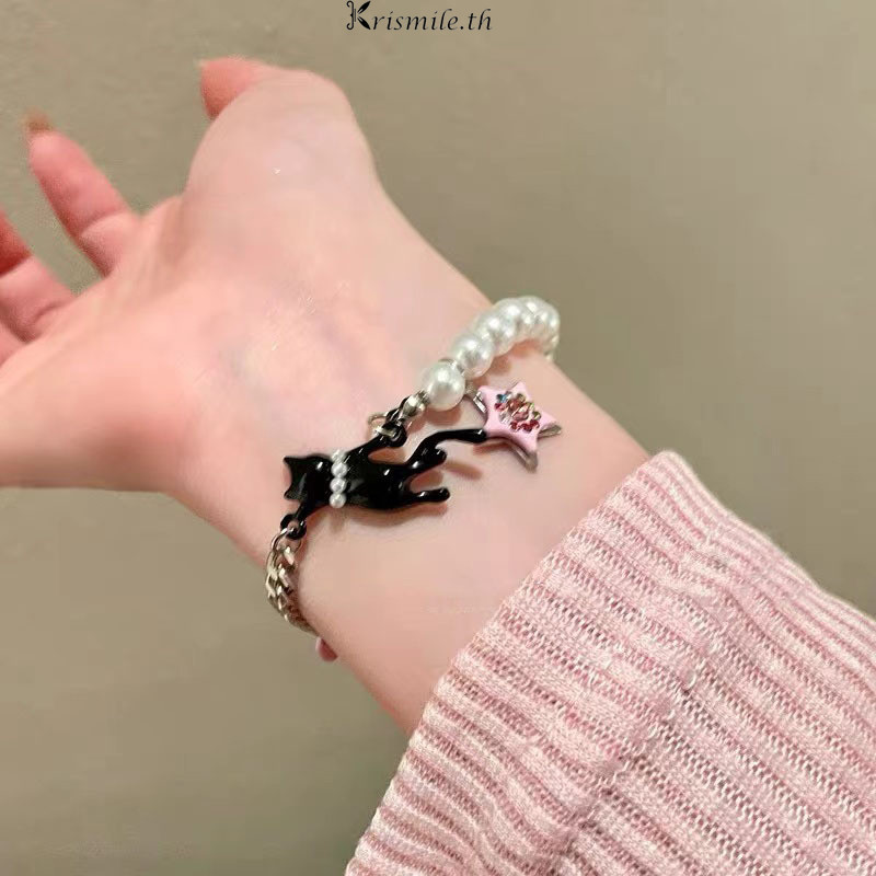COD-ในไทย สร้อยข้อมือ แมวน้อยน่ารัก ประดับไข่มุก Insสไตล์เกาหลี Unisex ปรับขนาดได้ สแตนเลส เหมาะกับของขวัญ-Kri