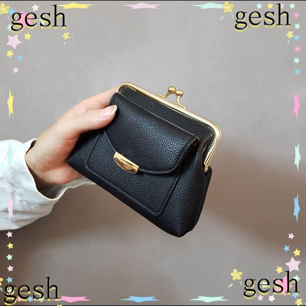 Gesh1 กระเป๋าใส่เหรียญแบบคลิปล็อคขนาดเล็ก, ลายลิ้นจี่ขนาดกะทัดรัดพับกุญแจ, กระเป๋าใส่เหรียญหนัง PU สีทึบคลัทช์กระเป๋าเงินเหรียญ